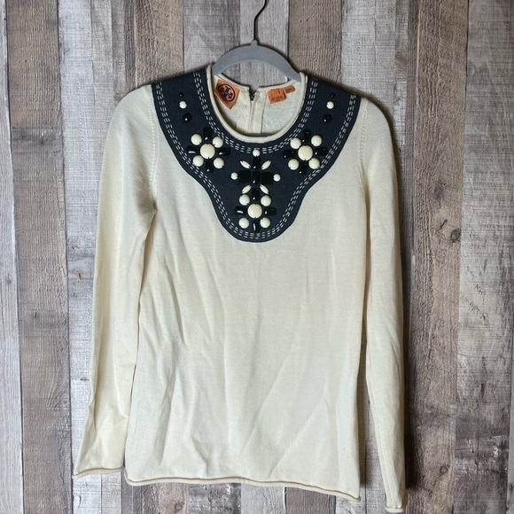 TORY BURCH Beaded Embellished Sweater Cream - Picture 2 of 6